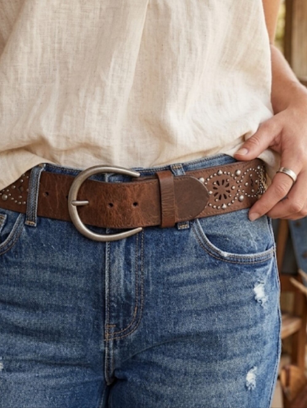 Roper Embellished Western  Studded Brown Wide Genuine Leather Belt